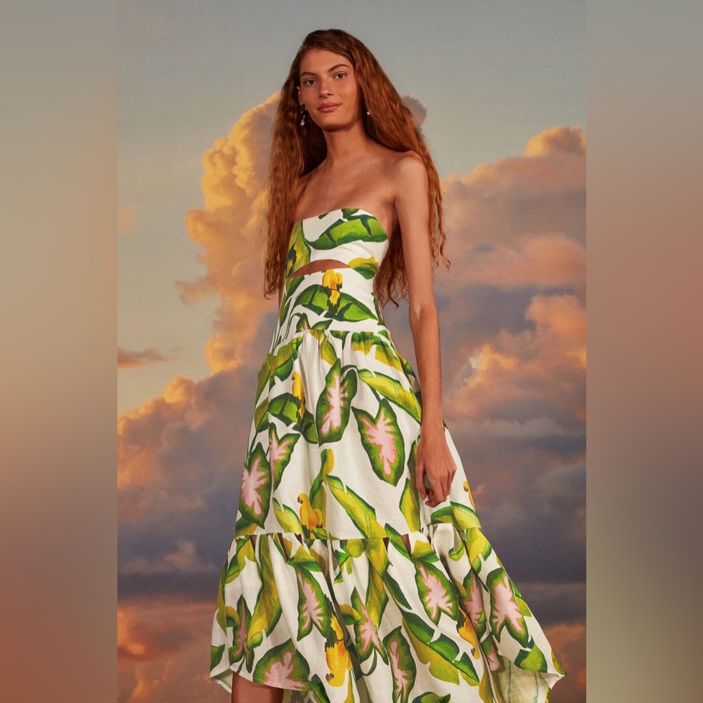Farm Rio Summer Foliage Strapless Midi Dress